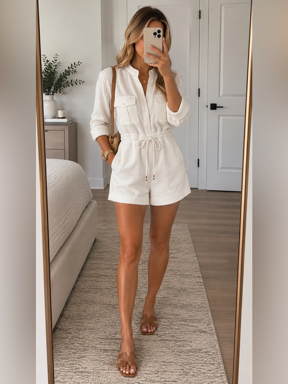 J. Crew White Textured Drawstring Romper